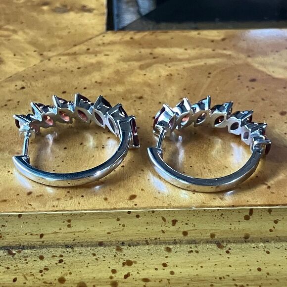 Natural Red Garnet Sterling Silver Hoop Earrings - Picture 5 of 9